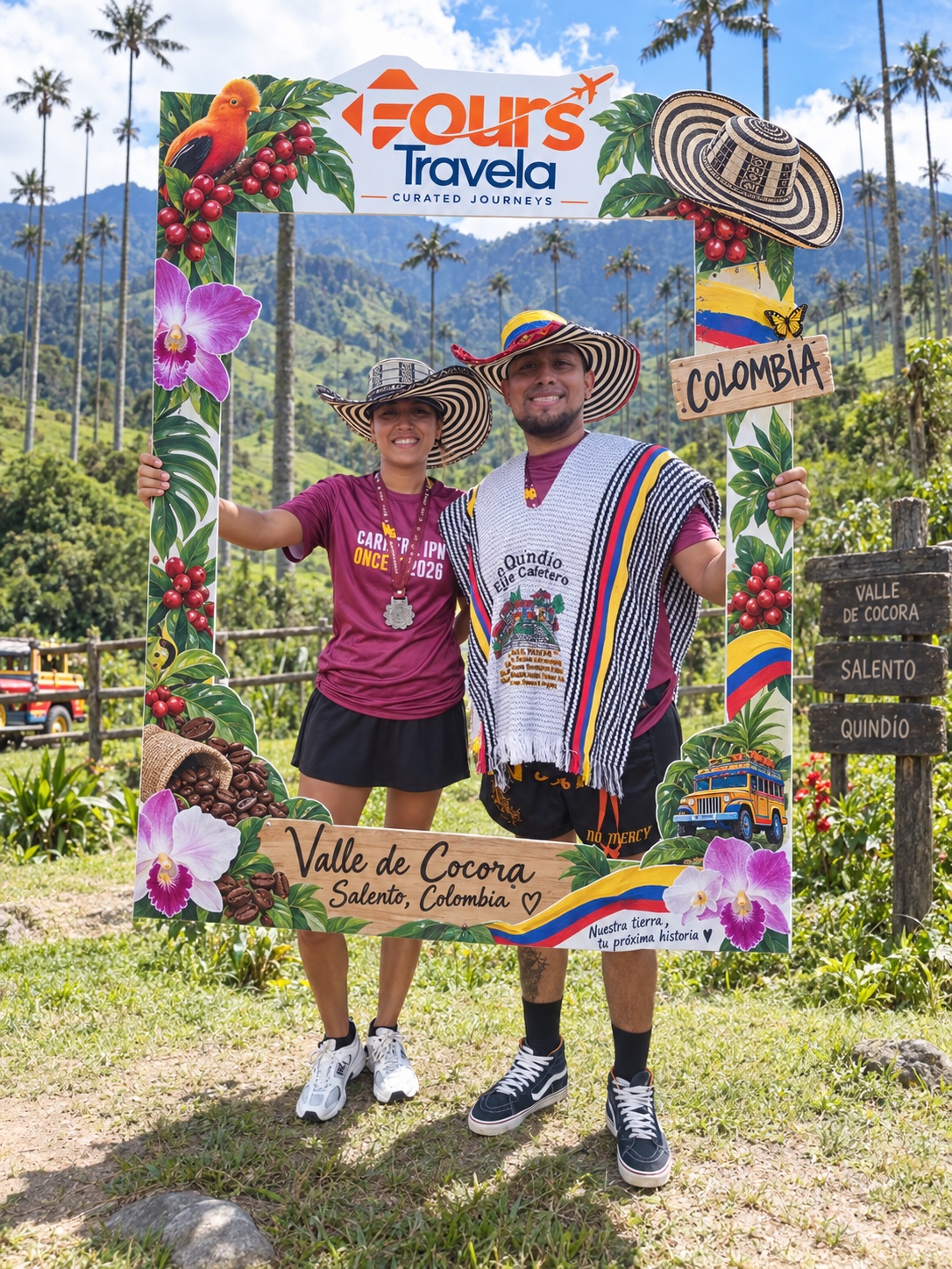 Dos participantes con el marco Fours Travela ante un fondo recreado del Valle de Cocora